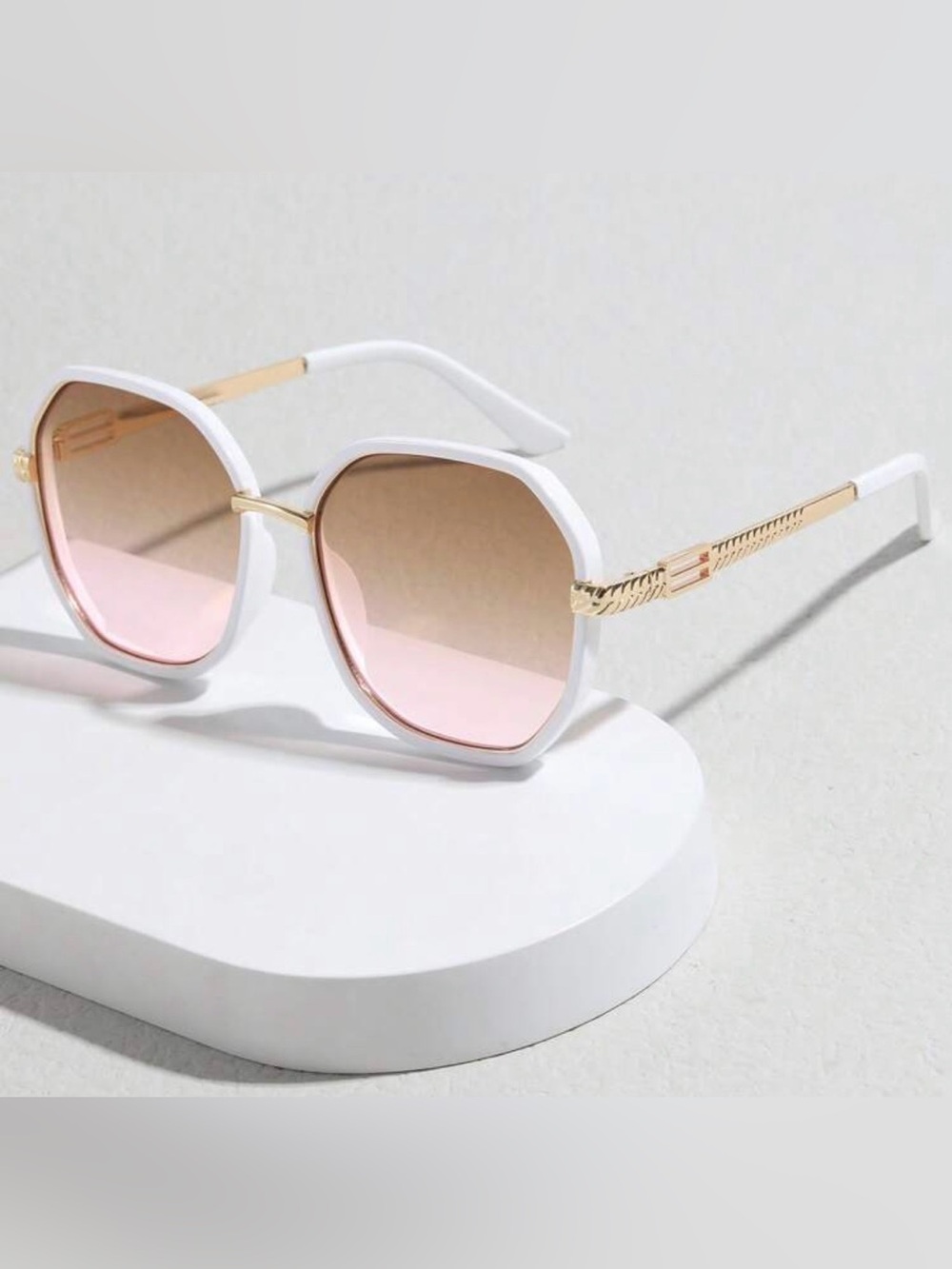 Vintage White Frame Sunglasses with Pink Gradient Lenses and Gold Arms